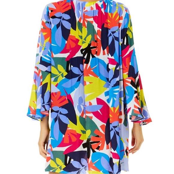 Anne Cole Floral Bell Sleeve Cover Up tunic blue - XS/S - Picture 2 of 12
